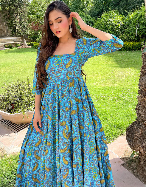 chathams blue pure ab cotton all season designer pure ab cotton heavy digital print multi gown heavy digital print details for gown uf-3-aayaa3001 Close-up View