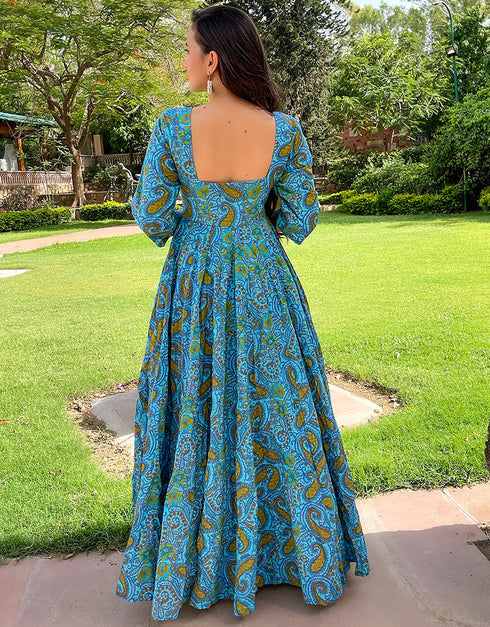 chathams blue pure ab cotton all season designer pure ab cotton heavy digital print multi gown heavy digital print details for gown uf-3-aayaa3001 Back View