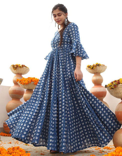 blue bayoux pure ab cotton all season designer pure ab cotton heavy digital print multi gown heavy digital print details for gown uf-3-aayaa3004 Back View