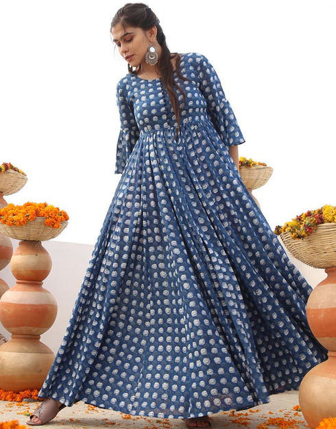 blue bayoux pure ab cotton all season designer pure ab cotton heavy digital print multi gown heavy digital print details for gown uf-3-aayaa3004 Front View