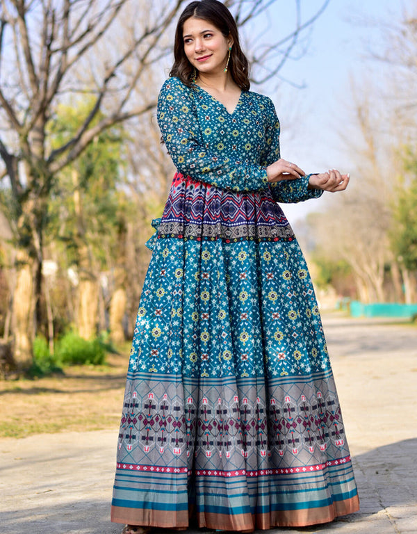 firozi pure chanderi all seasondesignerpure chanderi heavy digital print firozi gown heavy digital print details for gown uf-4-aayaa3005 Front View