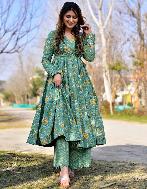sophisticated heavy digital print cotton silk all season designer cotton silk heavy digital print multi suit with greyish teal uf-5-aayaa3008 Front View