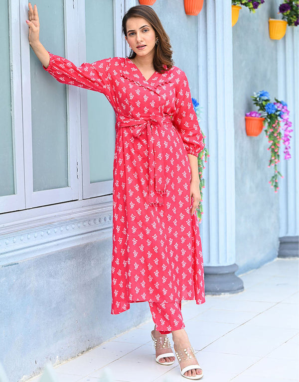 glamorous red pink pure maslin all season designer pure maslin heavy digital print red pink kurti & bottom straight design pant uc-aayaa7001 Front View