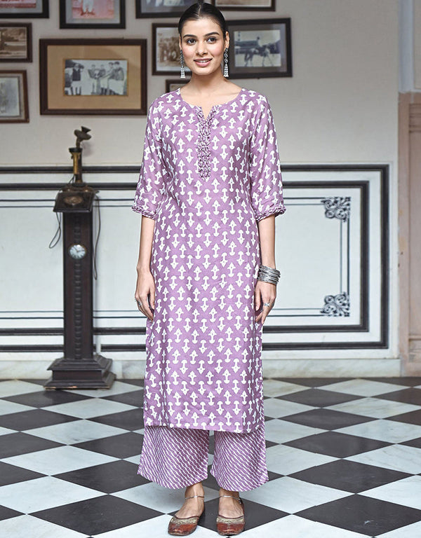 classy purple pure maslin all season designer pure maslin heavy digital print purple kurti & bottom straight design pant uc-aayaa7003 Front View