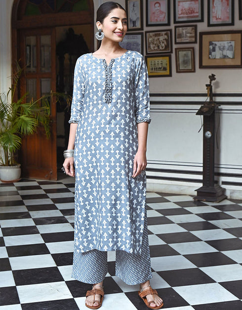 stylish grey sky pure maslin all season designer pure maslin heavy digital print grey sky kurti & bottom straight design pant uc-aayaa7004 Front View