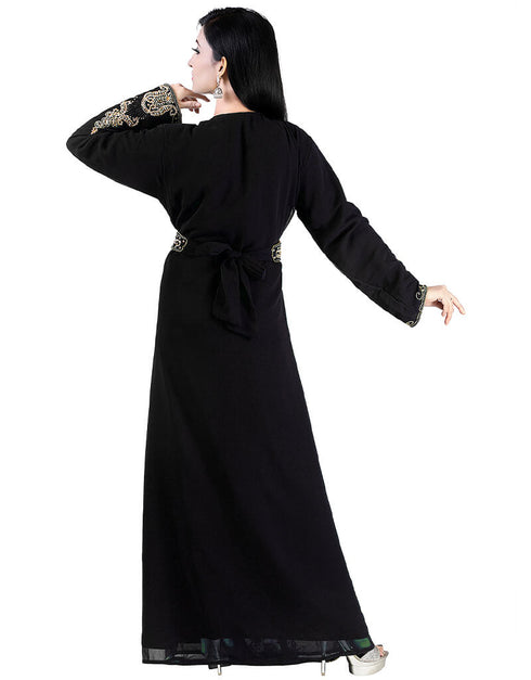 Trandy Black Georgette Hand Pearl Work Moroccan kaftan