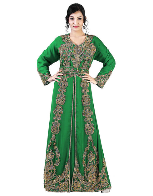 Dubai Green Georgette Pearl Embroidery Kaftan
