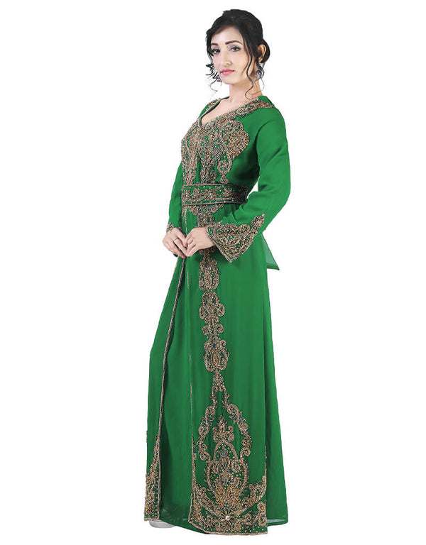 Dubai Green Georgette Pearl Embroidery Kaftan