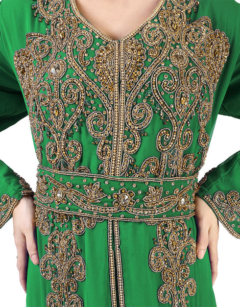Dubai Green Georgette Pearl Embroidery Kaftan