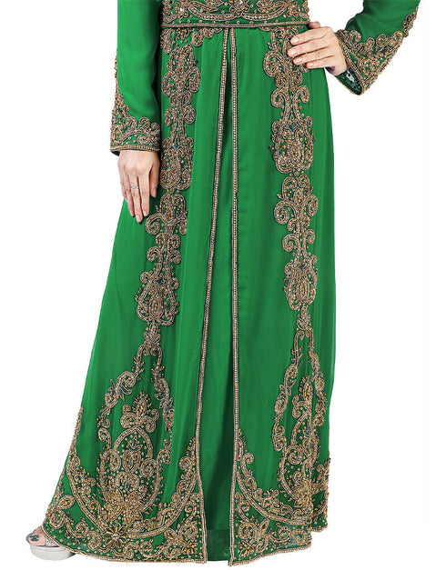 Dubai Green Georgette Pearl Embroidery Kaftan