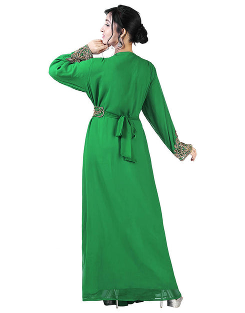 Dubai Green Georgette Pearl Embroidery Kaftan