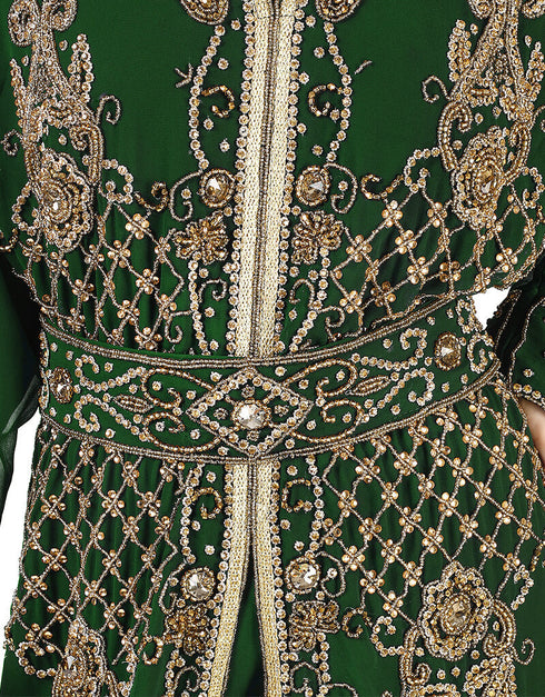 Arabic Green Georgette Hand Zari Embroidery Kaftan