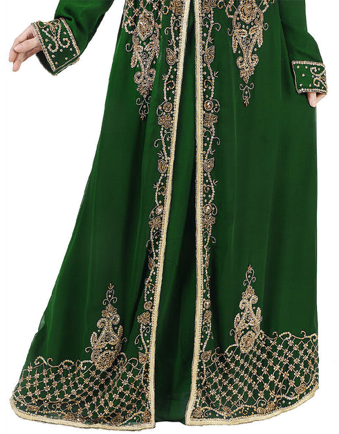 Arabic Green Georgette Hand Zari Embroidery Kaftan