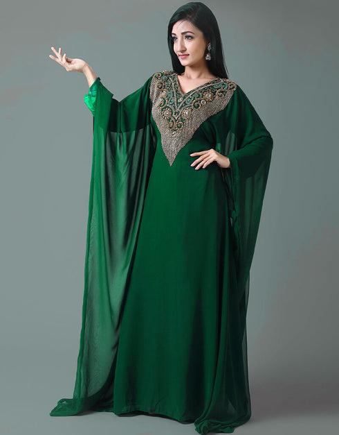 Women Green Georgette Hand Zari Embroidery Farasha