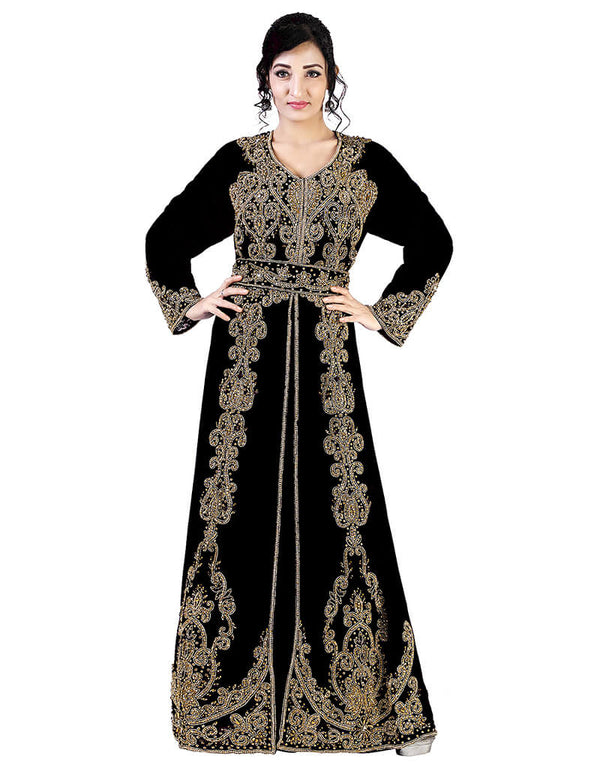 Muslim Black Georgette Pearl Embroidery Kaftan
