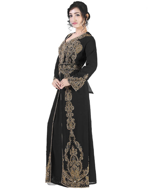 Muslim Black Georgette Pearl Embroidery Kaftan