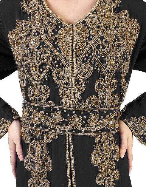 Muslim Black Georgette Pearl Embroidery Kaftan