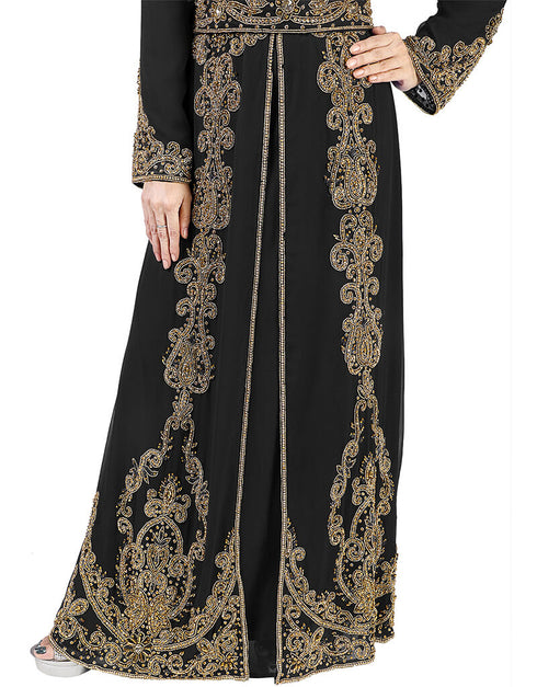 Muslim Black Georgette Pearl Embroidery Kaftan