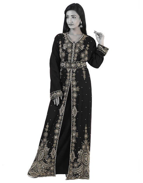 Stylist Black Georgette Hand Pearl Embroidery Kaftan