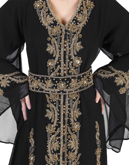 Islamic Black Georgette Pearl Embroidery Kaftan