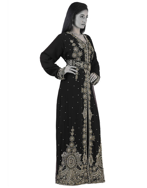 Stylist Black Georgette Hand Pearl Embroidery Kaftan