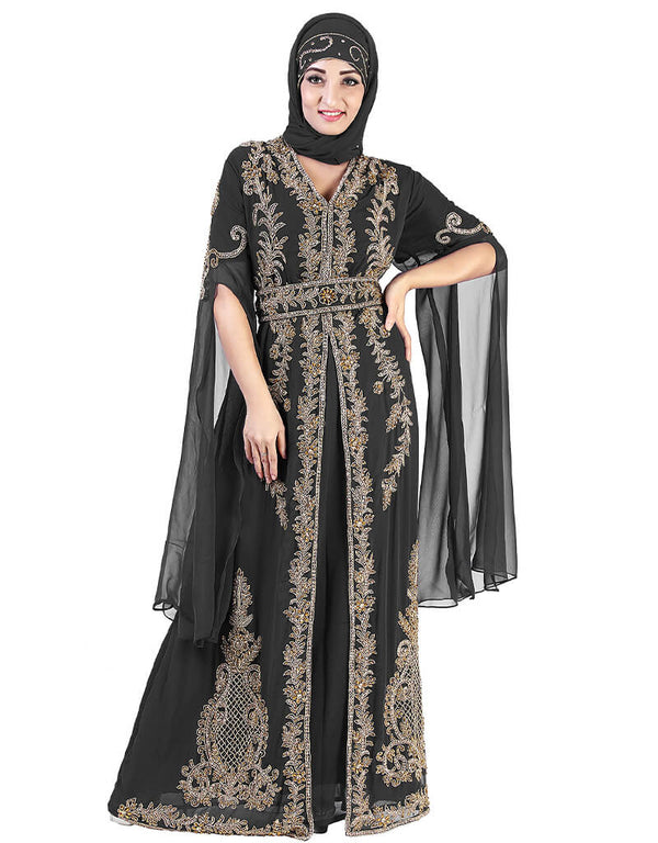Dubai Black Georgette Pearl Embroidery Kaftan