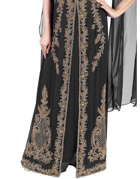 Dubai Black Georgette Pearl Embroidery Kaftan