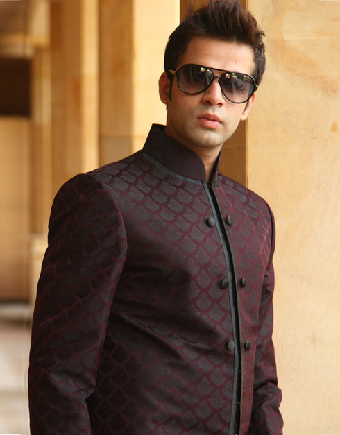 wine Indo western Premium Silk Brocade Pant Closure View