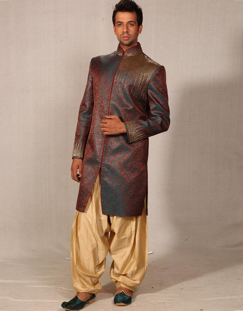 rama green with marron Indo western silk tanchoi Patiyala