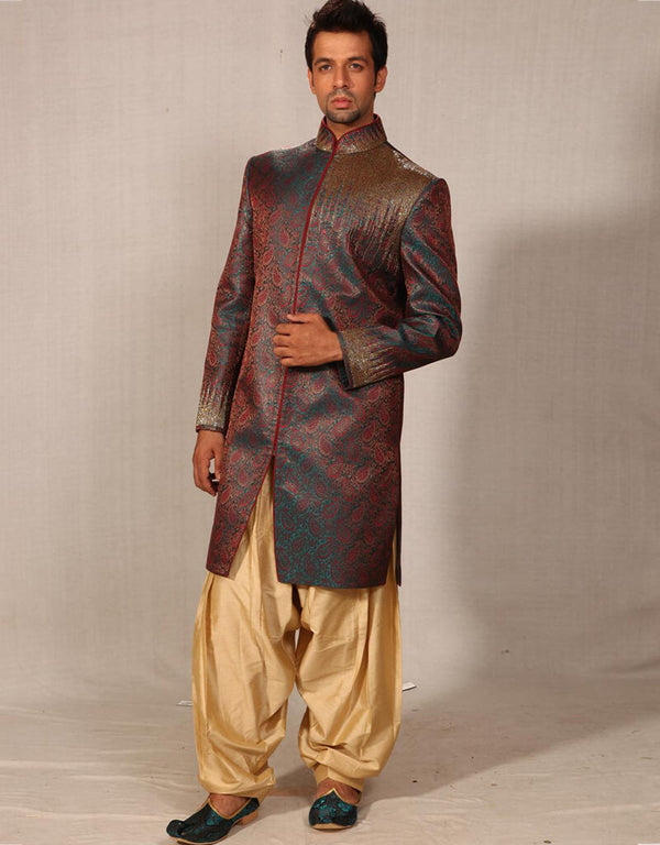 rama green with marron Indo western silk tanchoi Patiyala