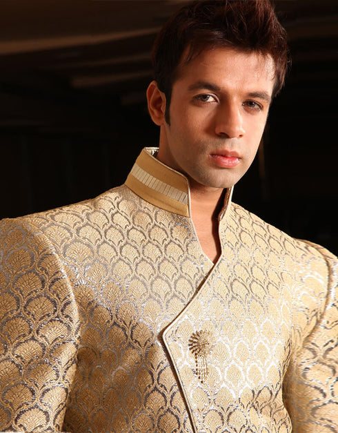 Gold With Silver Indo western Rotex Brocade Dhoti Closure View