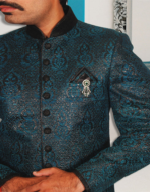 Cerulean Blue Indo western Dupion Tanchoi Dhoti Closure View