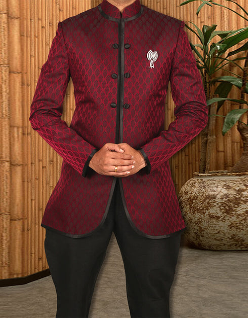 Wine Indo western Premium Silk Brocade Chudidaar Closure View