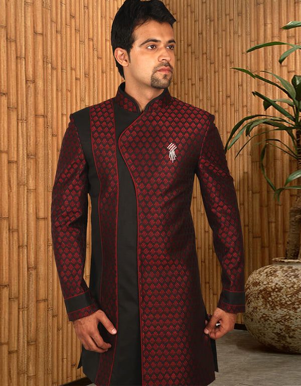 Maroon With Black Indo western Dupion Tanchoi Chudidaar