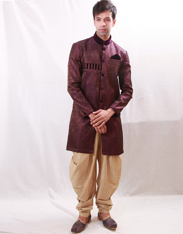 Purple Indo western Cotton Silk Brocade Dhoti