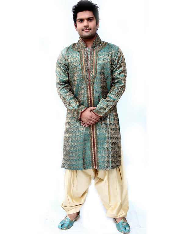 Turqoise Blue Kurta Silk Brocade Dhoti