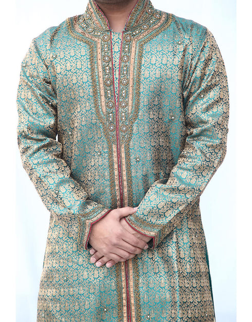 Turqoise Blue Kurta Silk Brocade Dhoti Closure View