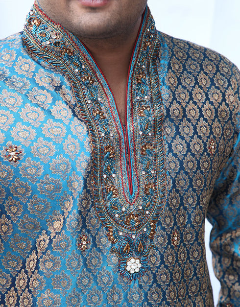 Blue Kurta Silk Brocade Dhoti Closure View
