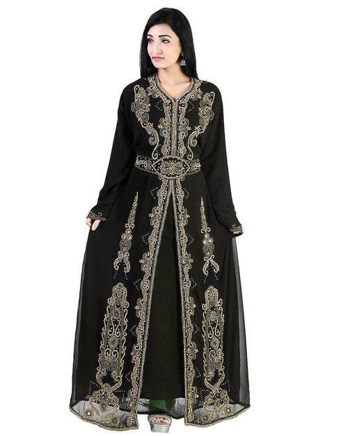 Trandy Black Georgette Hand Pearl Work Moroccan kaftan