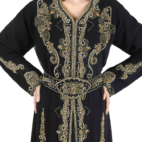 Trandy Black Georgette Hand Pearl Work Moroccan kaftan