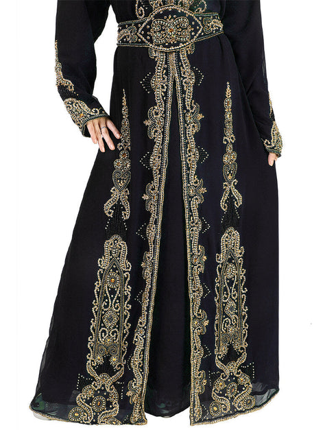 Trandy Black Georgette Hand Pearl Work Moroccan kaftan