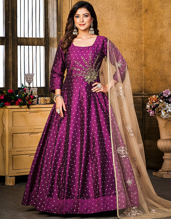 Wine Tafeta Butti N/A Anarkali