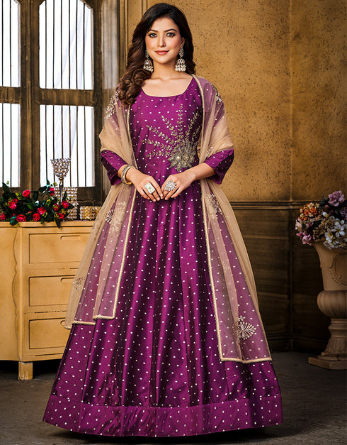 Wine Tafeta Butti N/A Anarkali Closure View