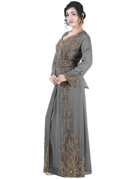 Modest Grey Georgette Pearl Embroidery Kaftan