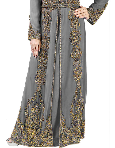 Modest Grey Georgette Pearl Embroidery Kaftan