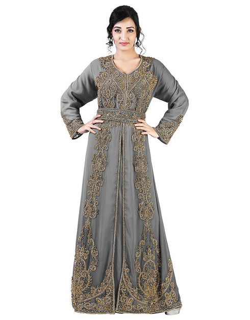 Modest Grey Georgette Pearl Embroidery Kaftan