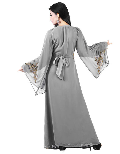 Arabic Grey Georgette Pearl Embroidery Kaftan