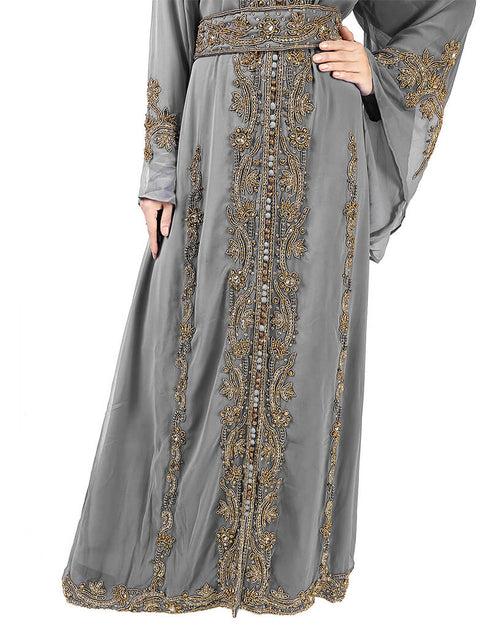Arabic Grey Georgette Pearl Embroidery Kaftan