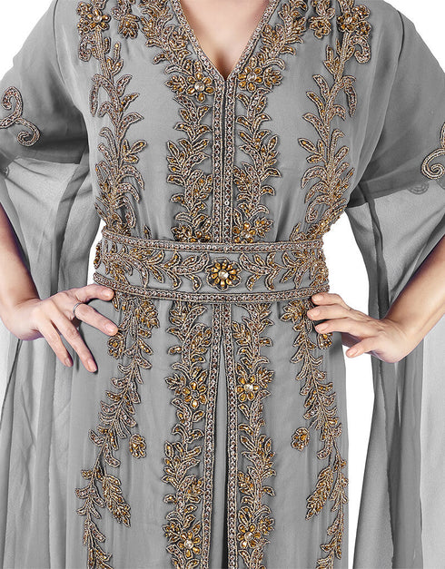 Muslim Grey Georgette Pearl Embroidery Kaftan