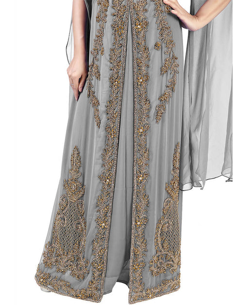 Muslim Grey Georgette Pearl Embroidery Kaftan